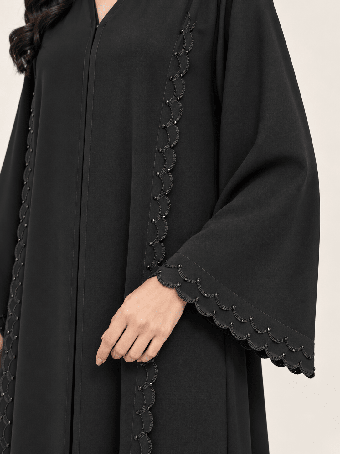 Jet Black Nida Abaya with Scalloped Crystal Embroidery - Nawaem Altulle