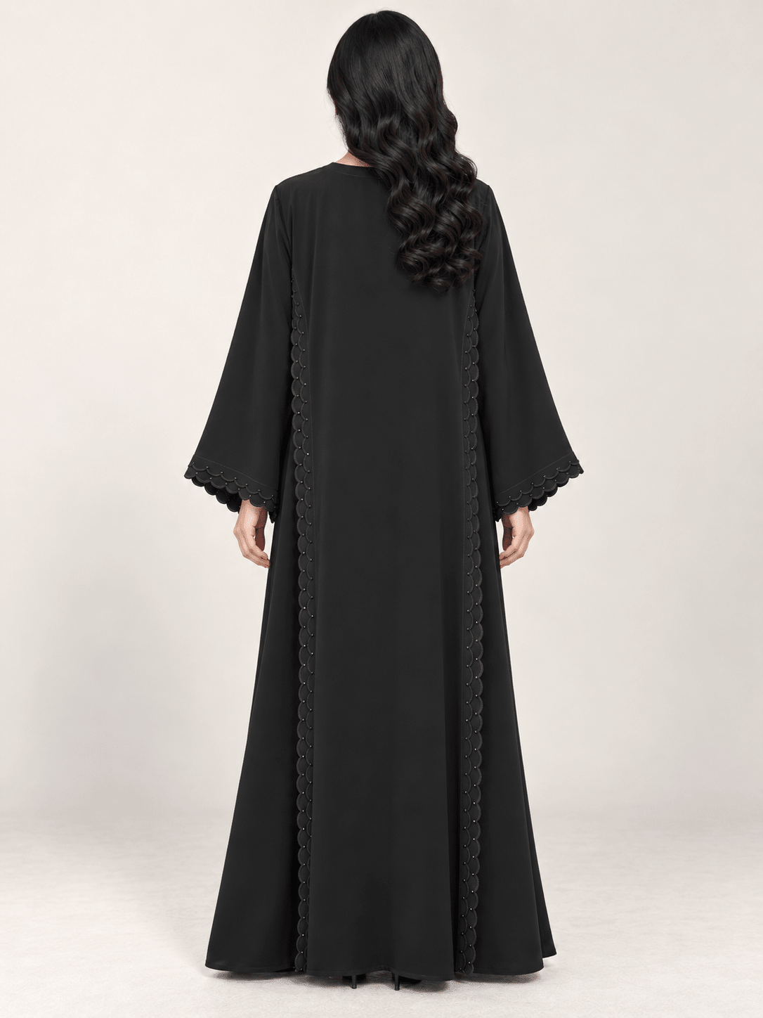 Jet Black Nida Abaya with Scalloped Crystal Embroidery - Nawaem Altulle