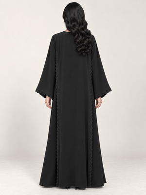 Jet Black Nida Abaya with Scalloped Crystal Embroidery - Nawaem Altulle