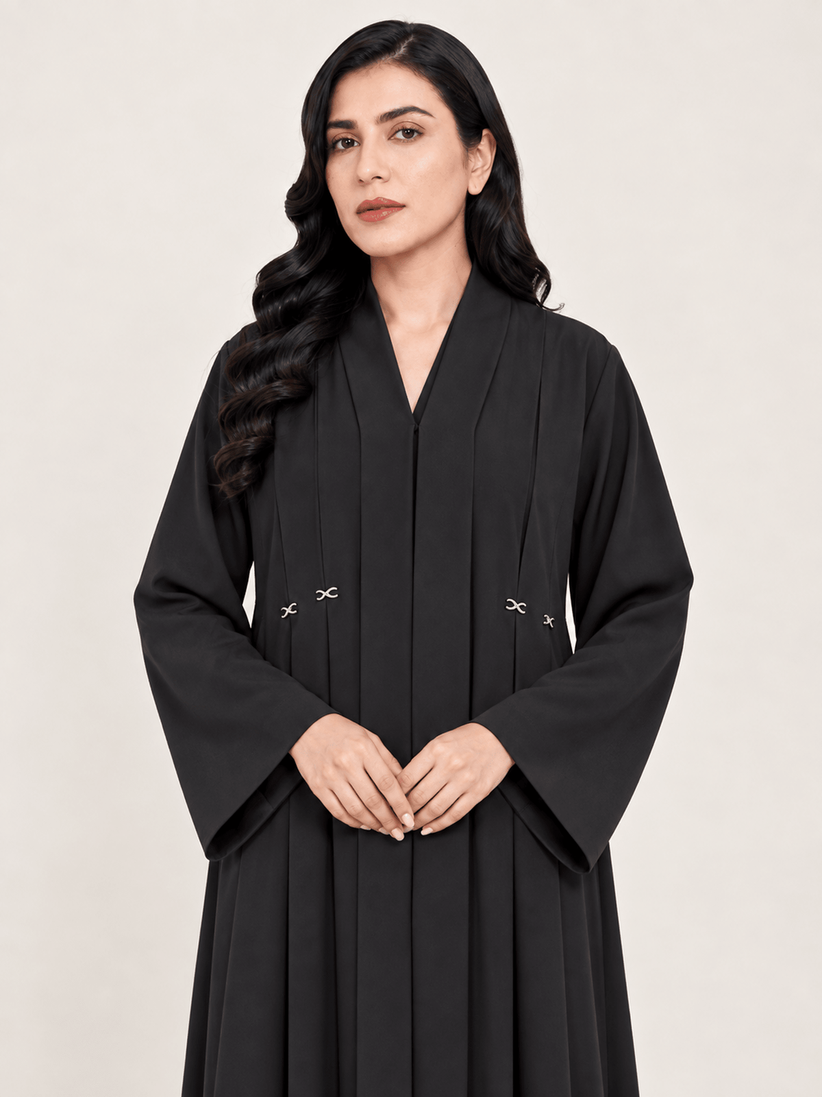 Jet Black Pleated Abaya with Silver Accents - Nawaem Altulle