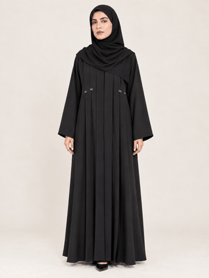 Jet Black Pleated Abaya with Silver Accents - Nawaem Altulle