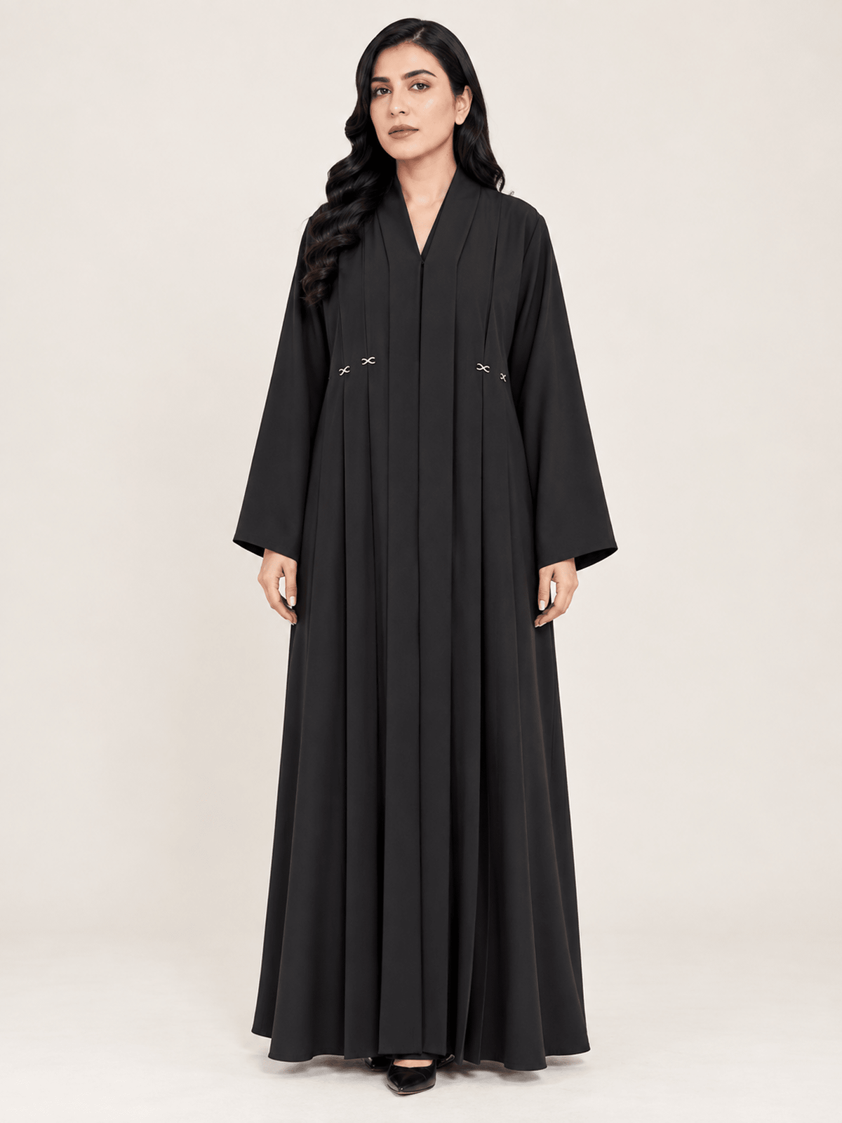 Jet Black Pleated Abaya with Silver Accents - Nawaem Altulle