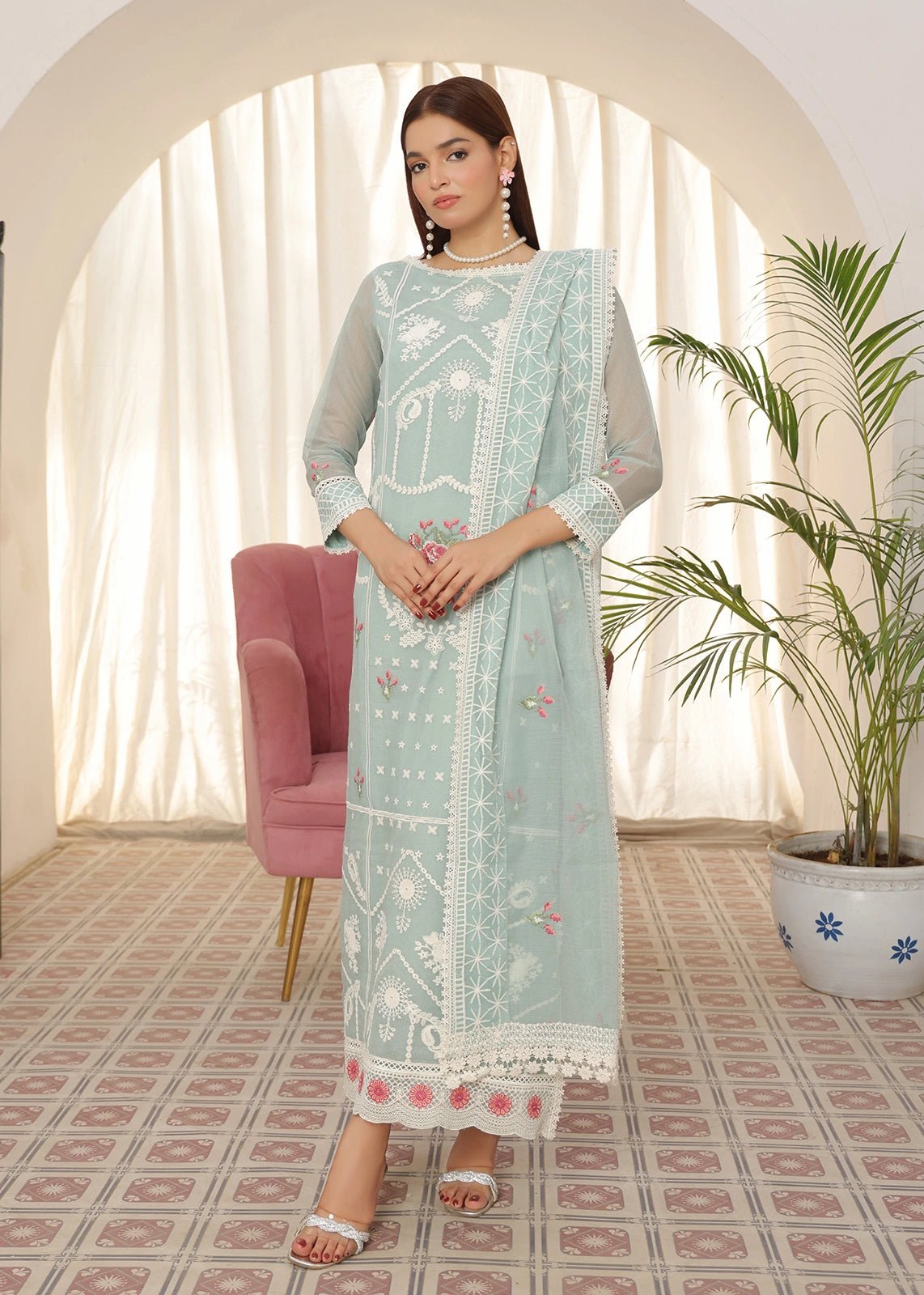 multicoloured silk floss embroidery dress