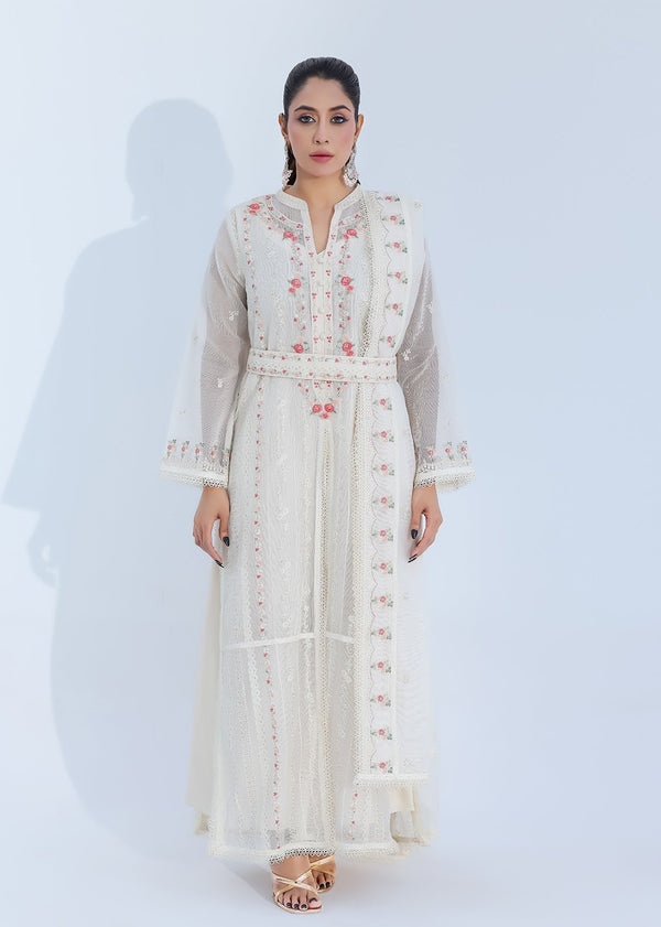 Luxe Silk-Lined Off-White Net Dress with Front Open Design