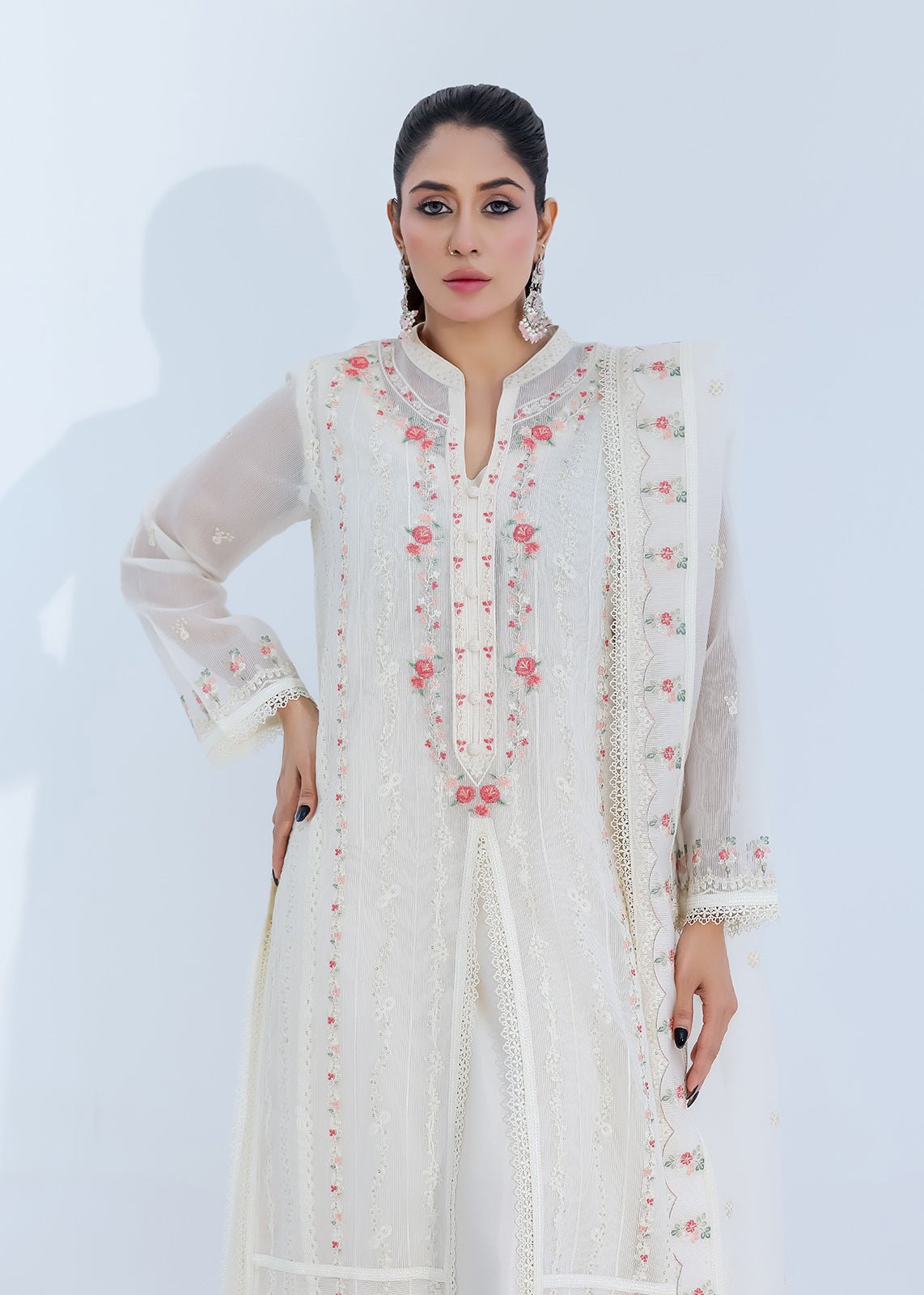 Luxe Silk-Lined Off-White Net Dress with Front Open Design