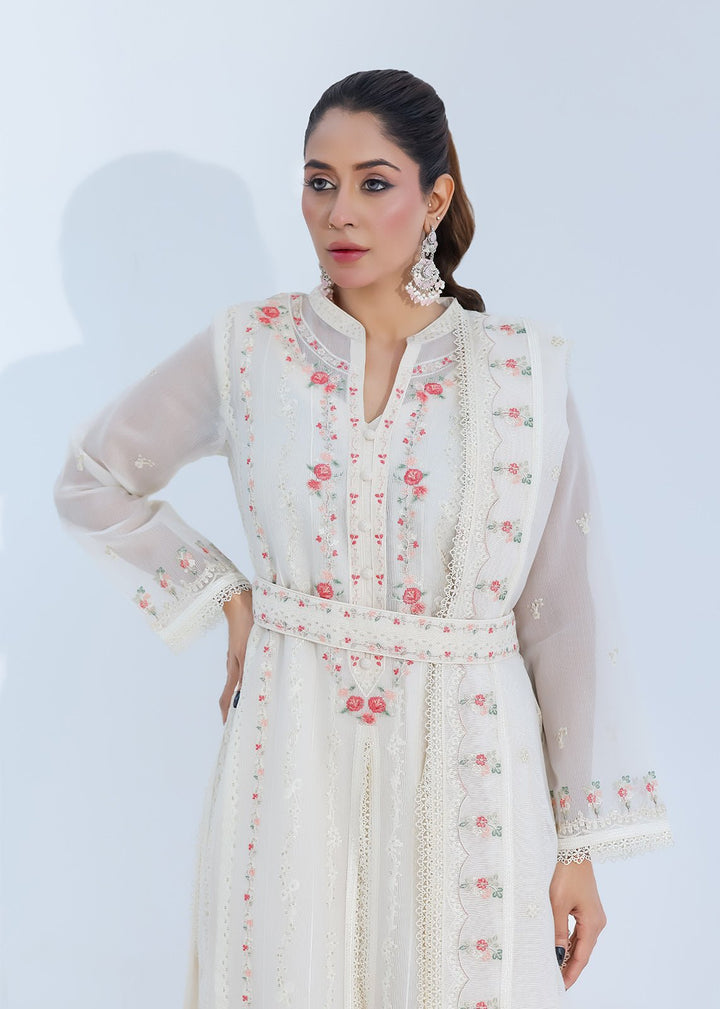 Luxe Silk-Lined Off-White Net Dress with Front Open Design