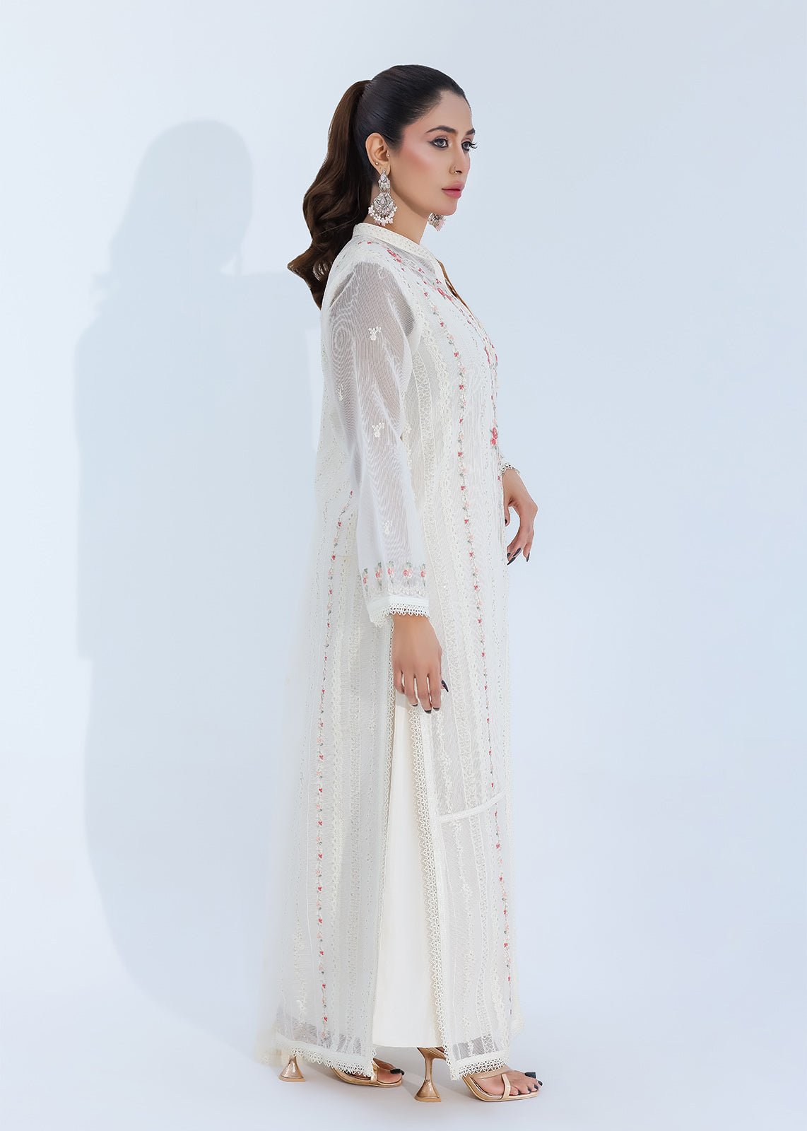Luxe Silk-Lined Off-White Net Dress with Front Open Design