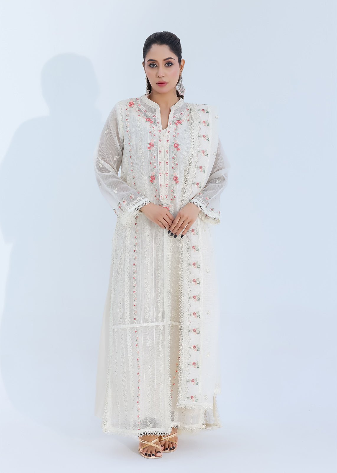 Luxe Silk-Lined Off-White Net Dress with Front Open Design