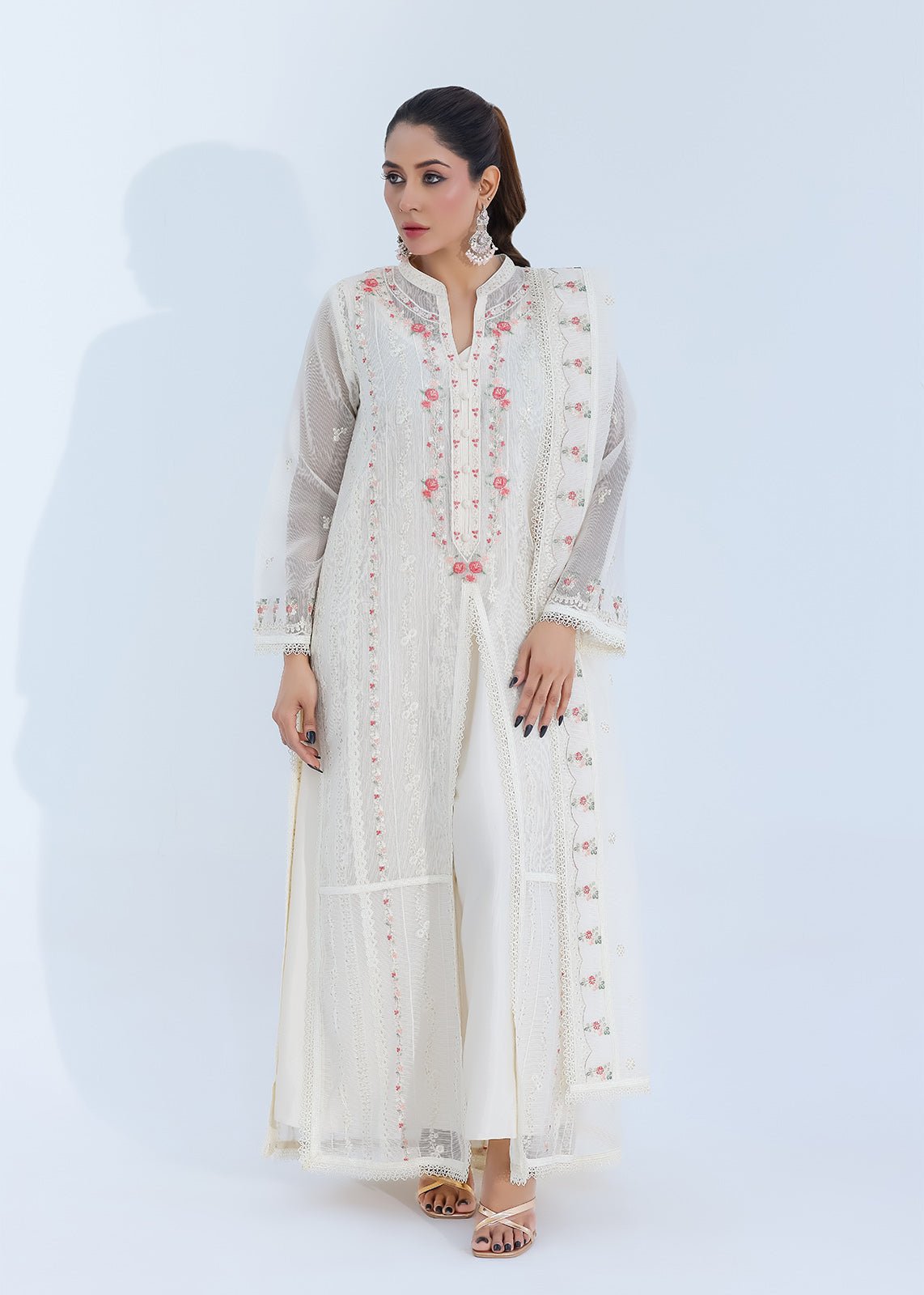 Luxe Silk-Lined Off-White Net Dress with Front Open Design