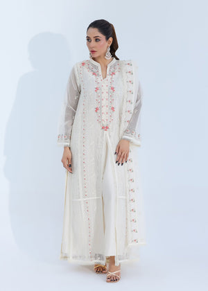 Luxe Silk-Lined Off-White Net Dress with Front Open Design