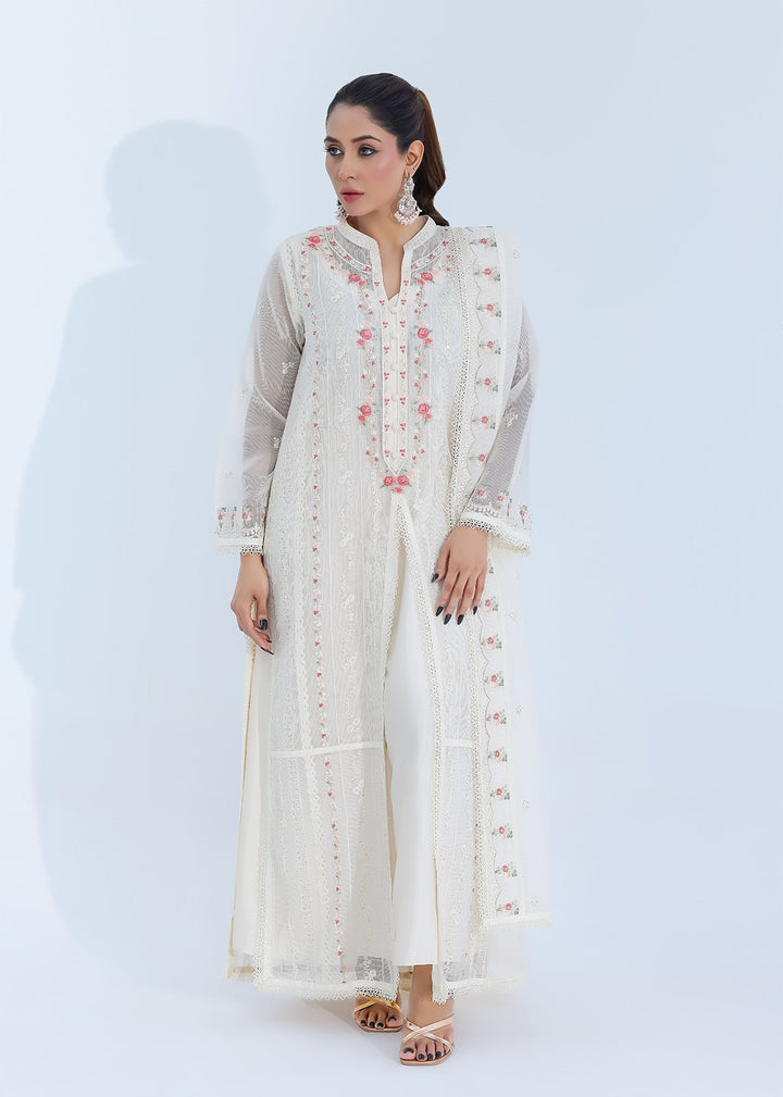 Luxe Silk-Lined Off-White Net Dress with Front Open Design