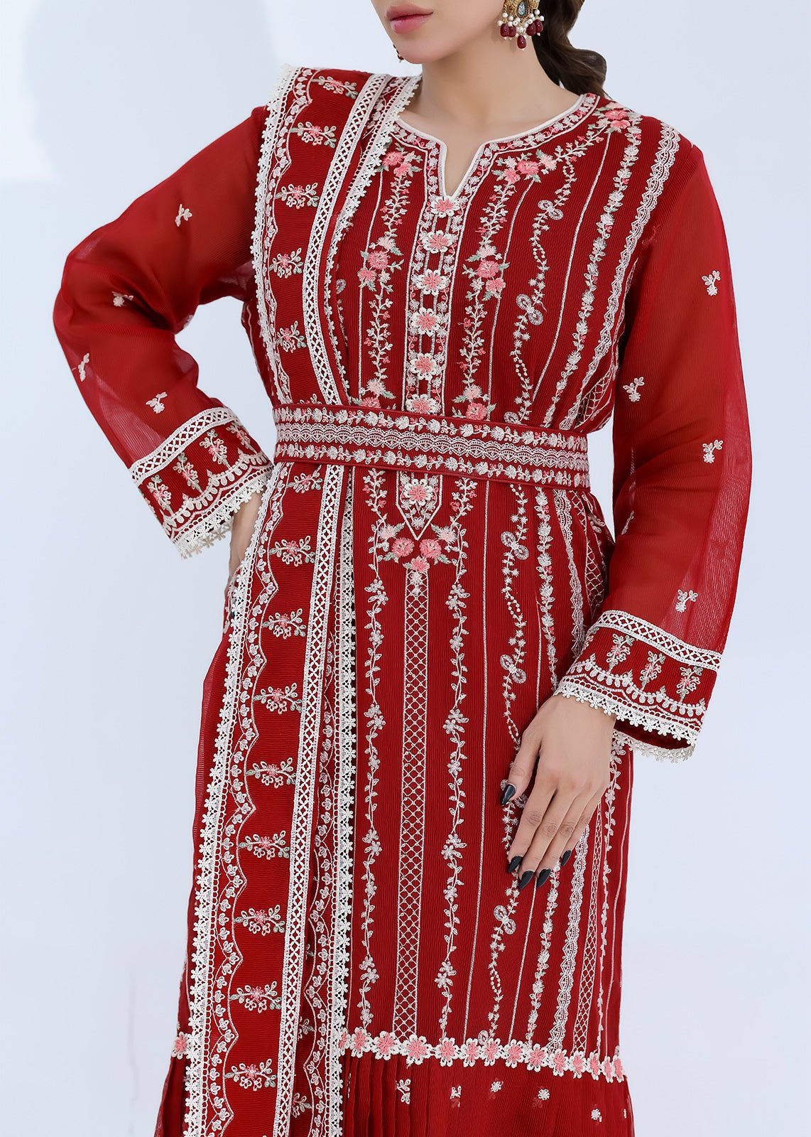 Luxurious Red Net Dress with Silk Lining: Elegant, Refined and Flowing - Nawaem Altulle