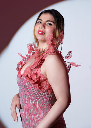 Mermaid Coral Silver Hand Embellished Dress - Nawaem Altulle