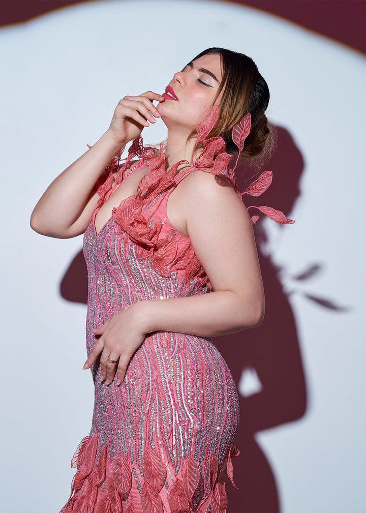 Mermaid Coral Silver Hand Embellished Dress - Nawaem Altulle