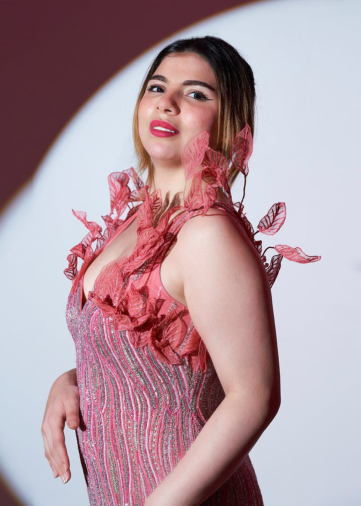 Mermaid Coral Silver Hand Embellished Dress - Nawaem Altulle