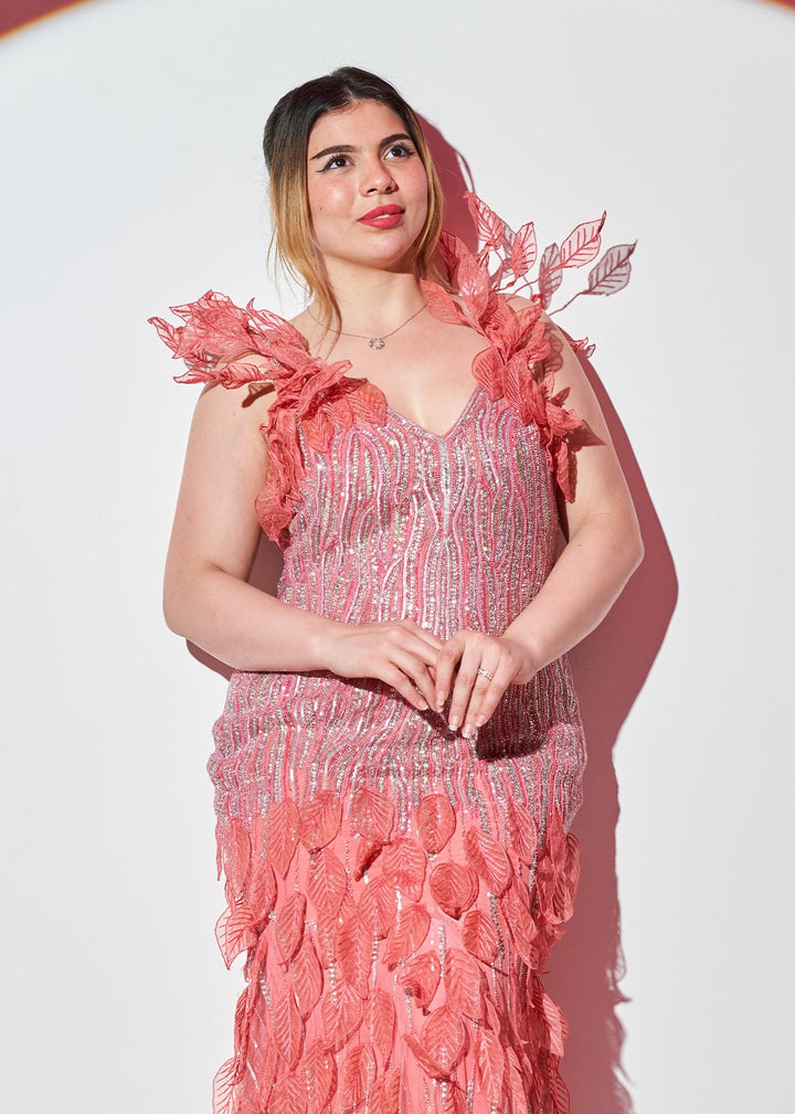 Mermaid Coral Silver Hand Embellished Dress - Nawaem Altulle