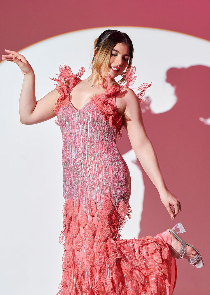 Mermaid Coral Silver Hand Embellished Dress - Nawaem Altulle