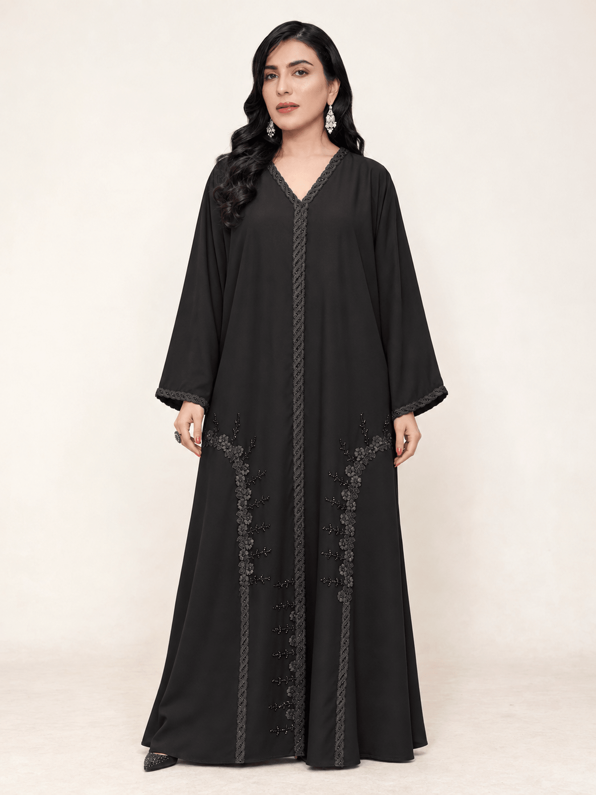 Midnight Bloom Crystal Dantel Abaya - Nawaem Altulle