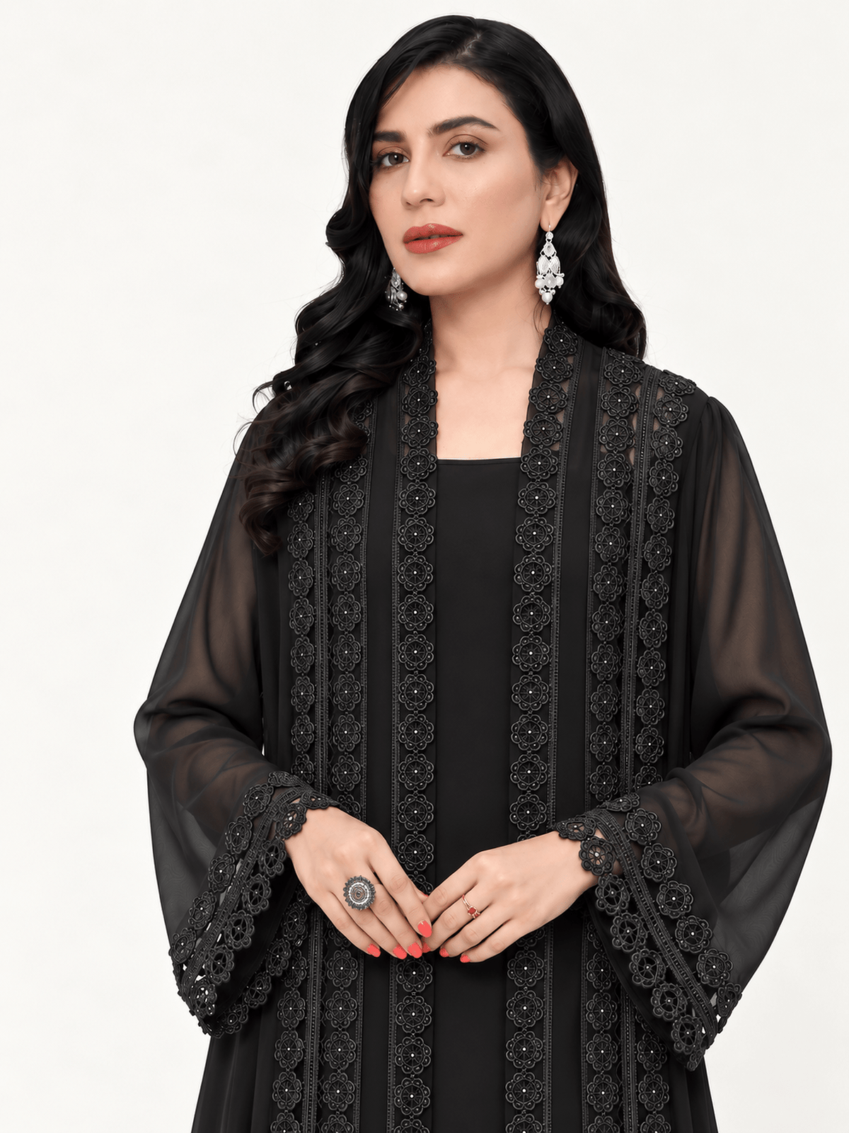 Midnight Dantel Jet Black Chiffon Abaya - Nawaem Altulle