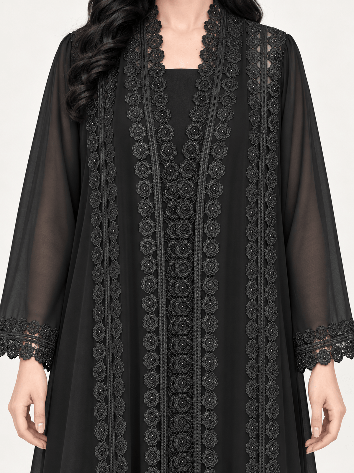 Midnight Dantel Jet Black Chiffon Abaya - Nawaem Altulle