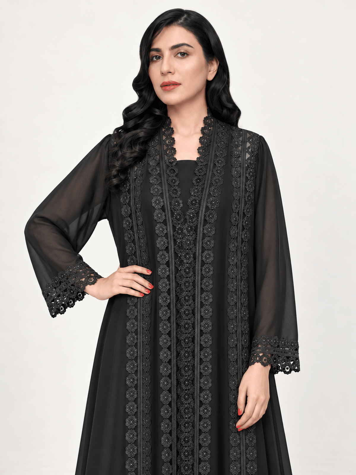 Midnight Dantel Jet Black Chiffon Abaya - Nawaem Altulle