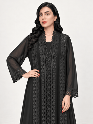 Midnight Dantel Jet Black Chiffon Abaya - Nawaem Altulle