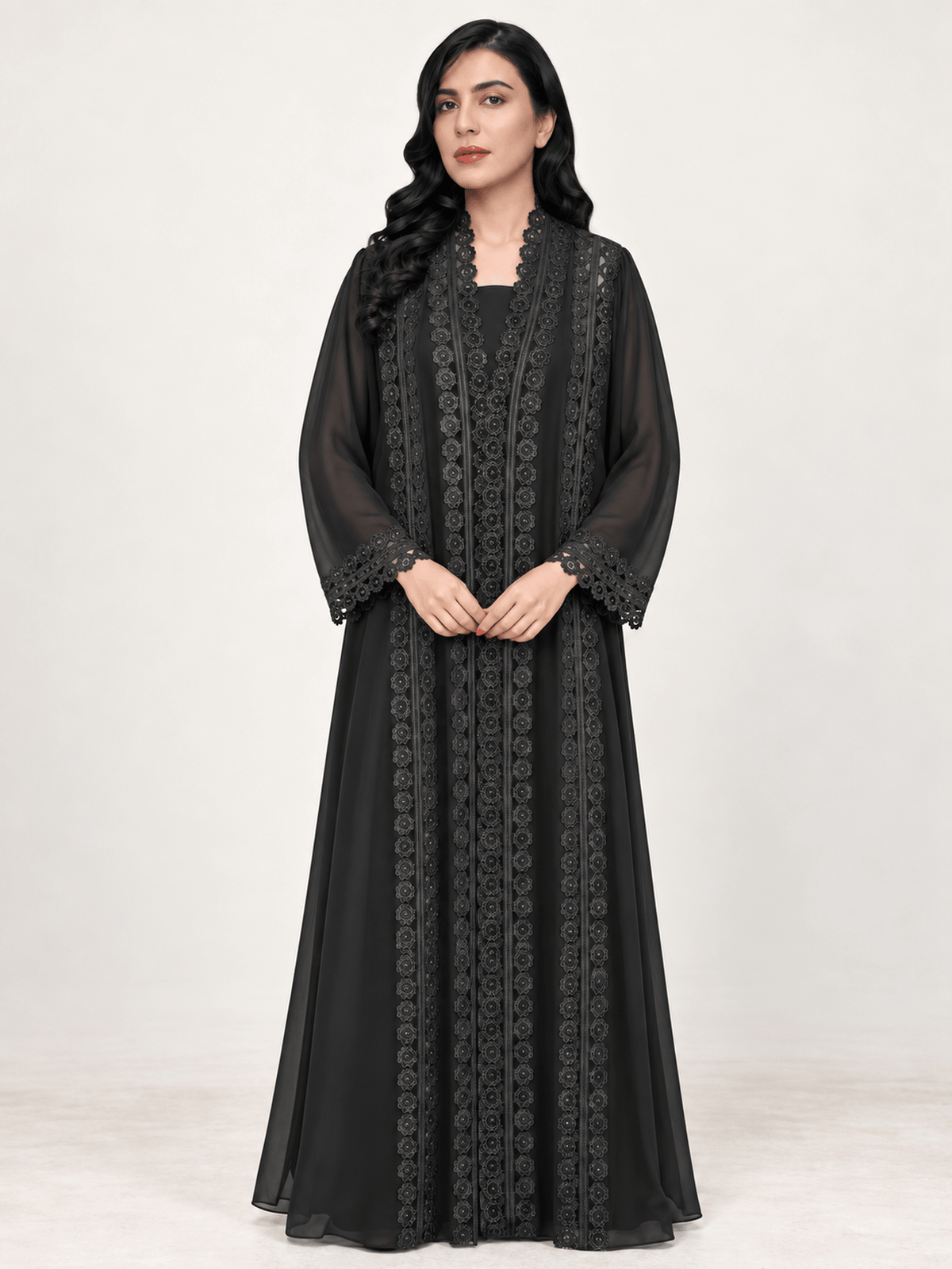 Midnight Dantel Jet Black Chiffon Abaya - Nawaem Altulle