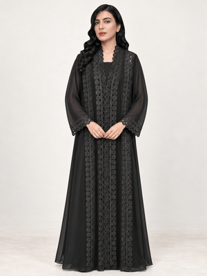 Midnight Dantel Jet Black Chiffon Abaya - Nawaem Altulle
