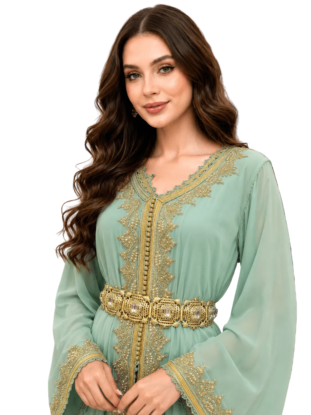 Gold hand embroidery on Mint Dynasty kaftan