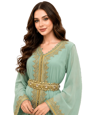 Gold hand embroidery on Mint Dynasty kaftan
