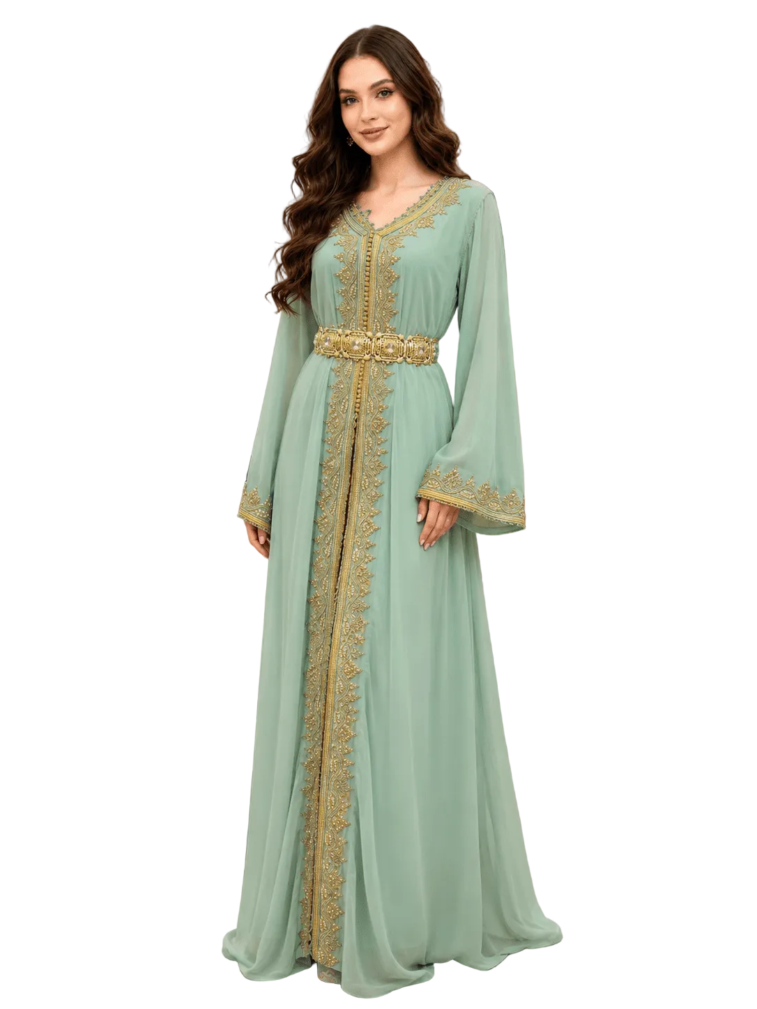 Mint-green Moroccan kaftan front view