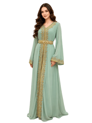 Mint-green Moroccan kaftan front view