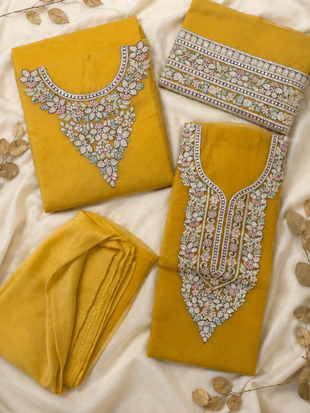 Mustard Bloom Hand-Embroidered Organza Unstitched Set - Nawaem Altulle