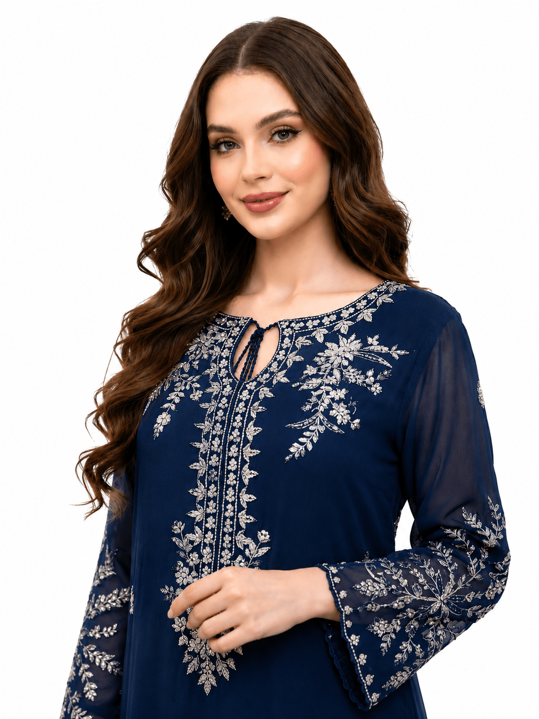 Navy Royale embroidered chiffon dress front view