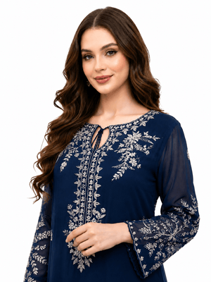 Navy Royale embroidered chiffon dress front view