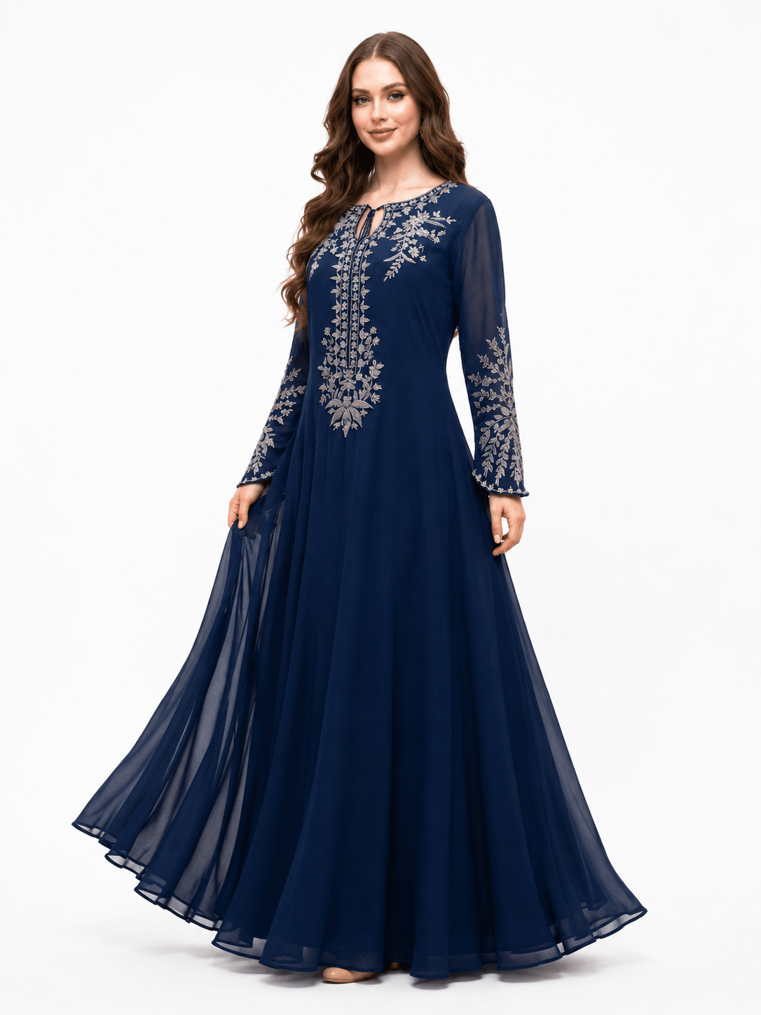 Navy Royale navy-blue chiffon dress with silver zari embroidery