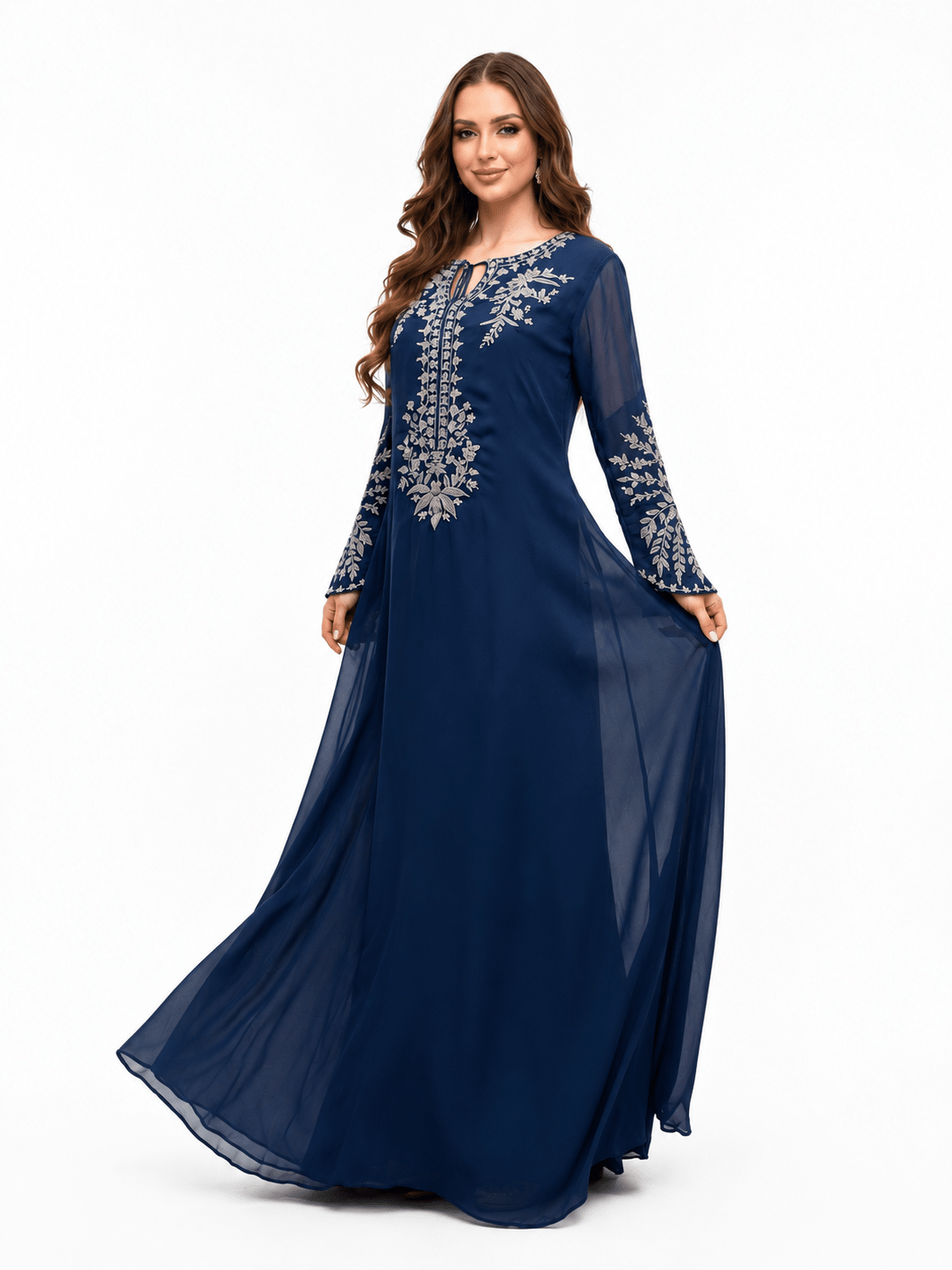 Silver zari embroidery on navy chiffon bodice