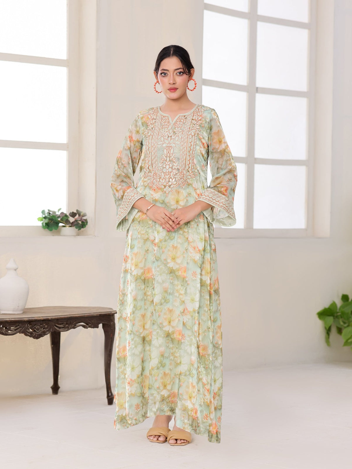 Celadon Bloom light-green floral organza dress with hand-embroidered bodice