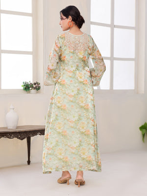 Celadon Bloom light-green floral organza dress with hand-embroidered bodice
