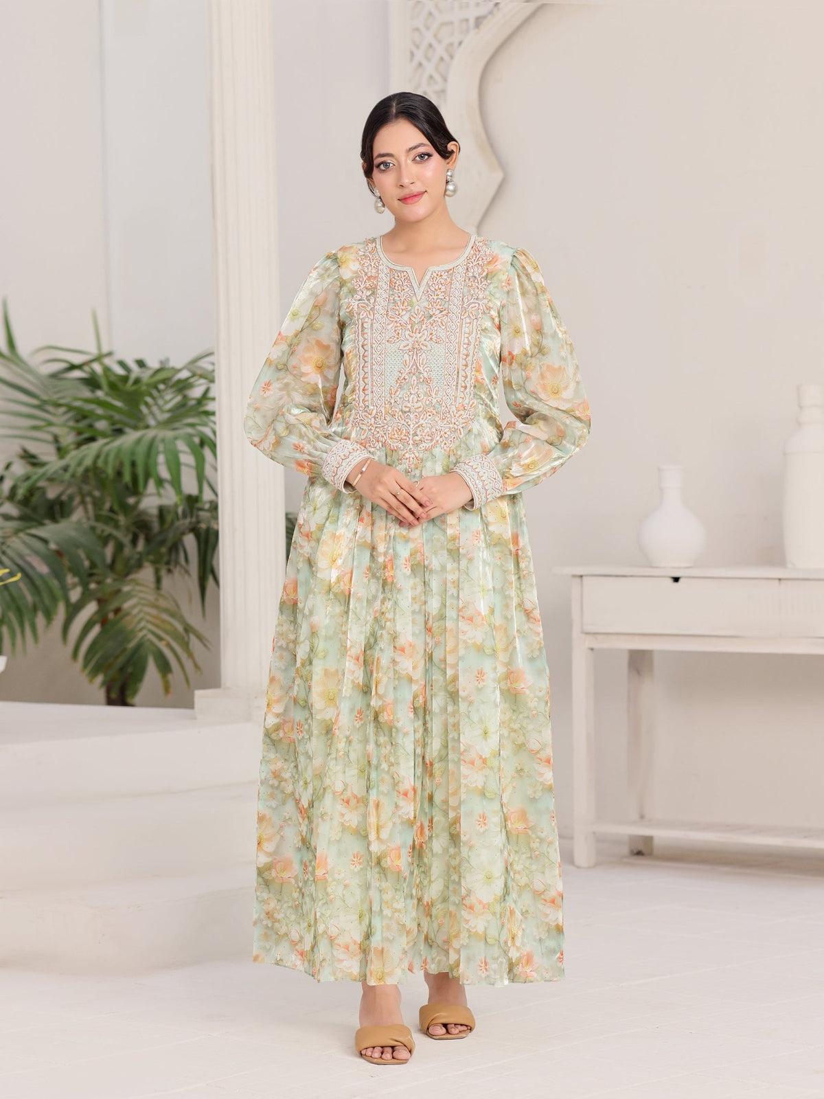 Celadon Bloom light-green floral organza dress with hand-embroidered bodice