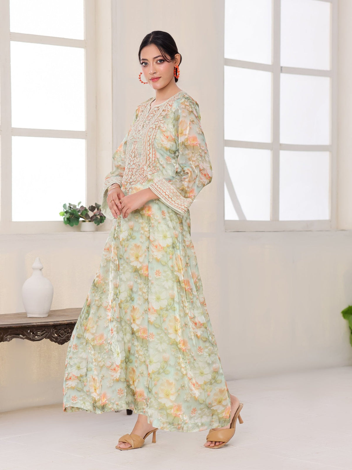 Celadon Bloom light-green floral organza dress with hand-embroidered bodice