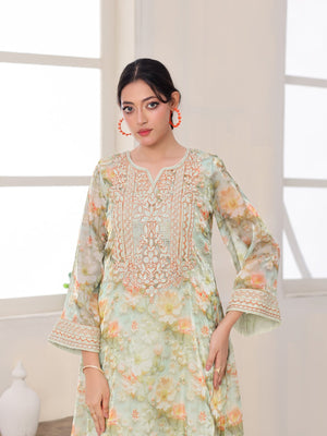 Celadon Bloom light-green floral organza dress with hand-embroidered bodice