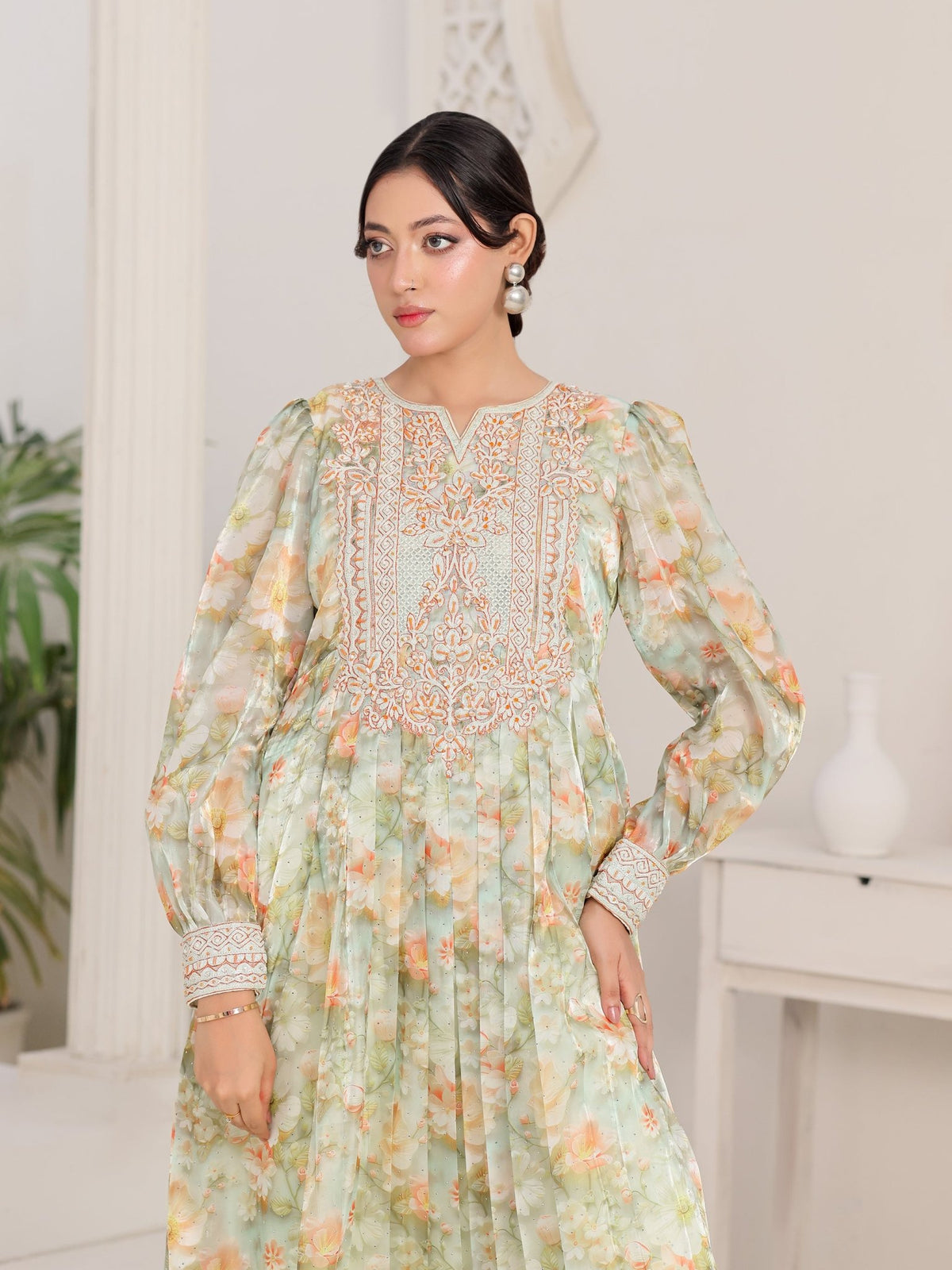 Celadon Bloom light-green floral organza dress with hand-embroidered bodice