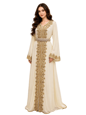 Ivory Regalia off-white Moroccan chiffon kaftan with gold embroidery