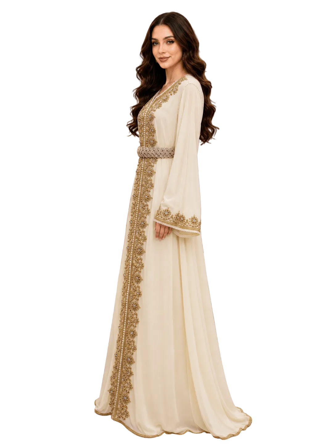 Ivory Moroccan kaftan with handcrafted woven belt