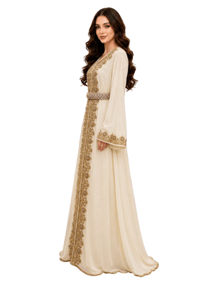 Ivory Moroccan kaftan with handcrafted woven belt