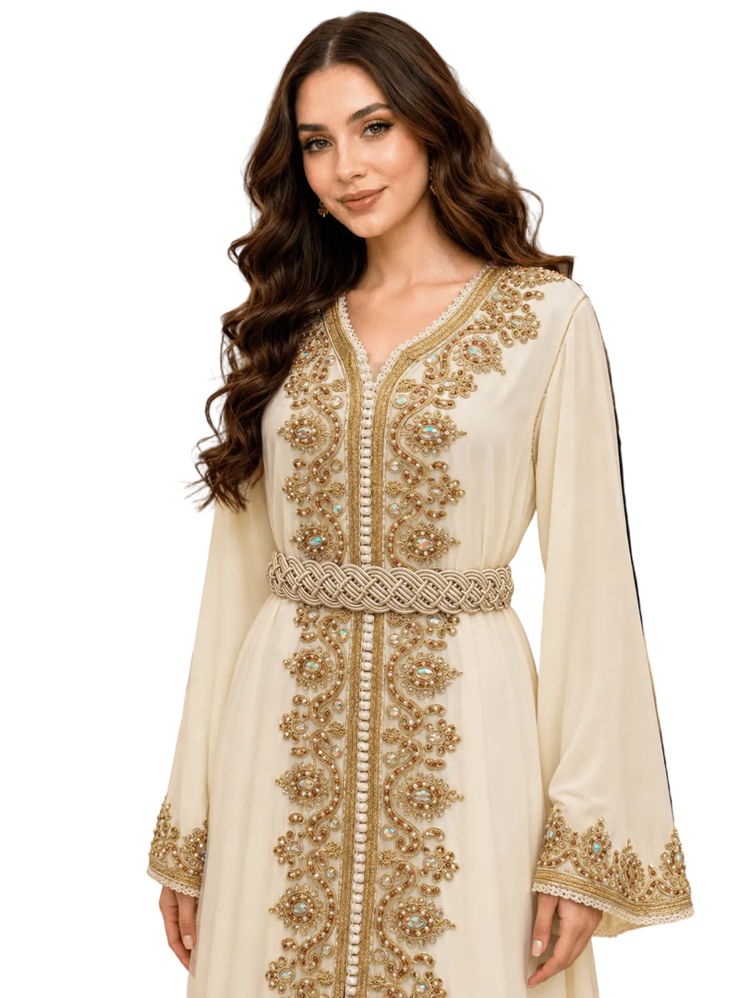 Off-White Moroccan Hand-Embroidered Satin Silk Kaftan - Nawaem Altulle