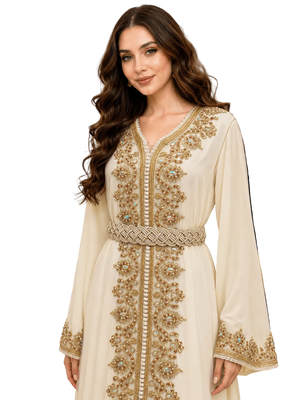Off-White Moroccan Hand-Embroidered Satin Silk Kaftan - Nawaem Altulle