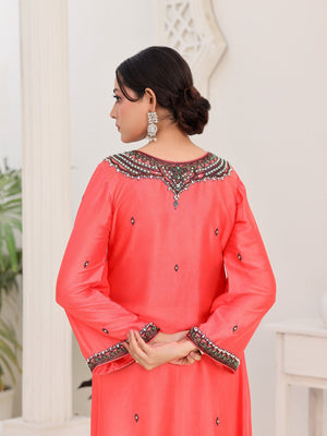 Coral Noir glass-silk dress with crystal-embellished neckline and embroidered cuffs