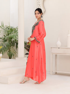 Coral Noir glass-silk dress with crystal-embellished neckline and embroidered cuffs